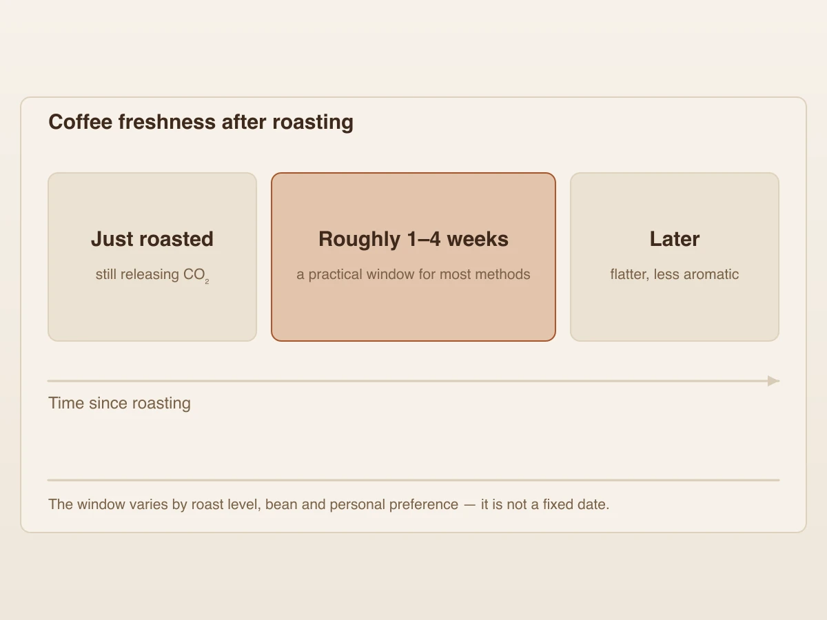 Three labelled stages along a time arrow — just roasted, roughly one to four weeks, and later — with the middle stage highlighted as a practical window.
