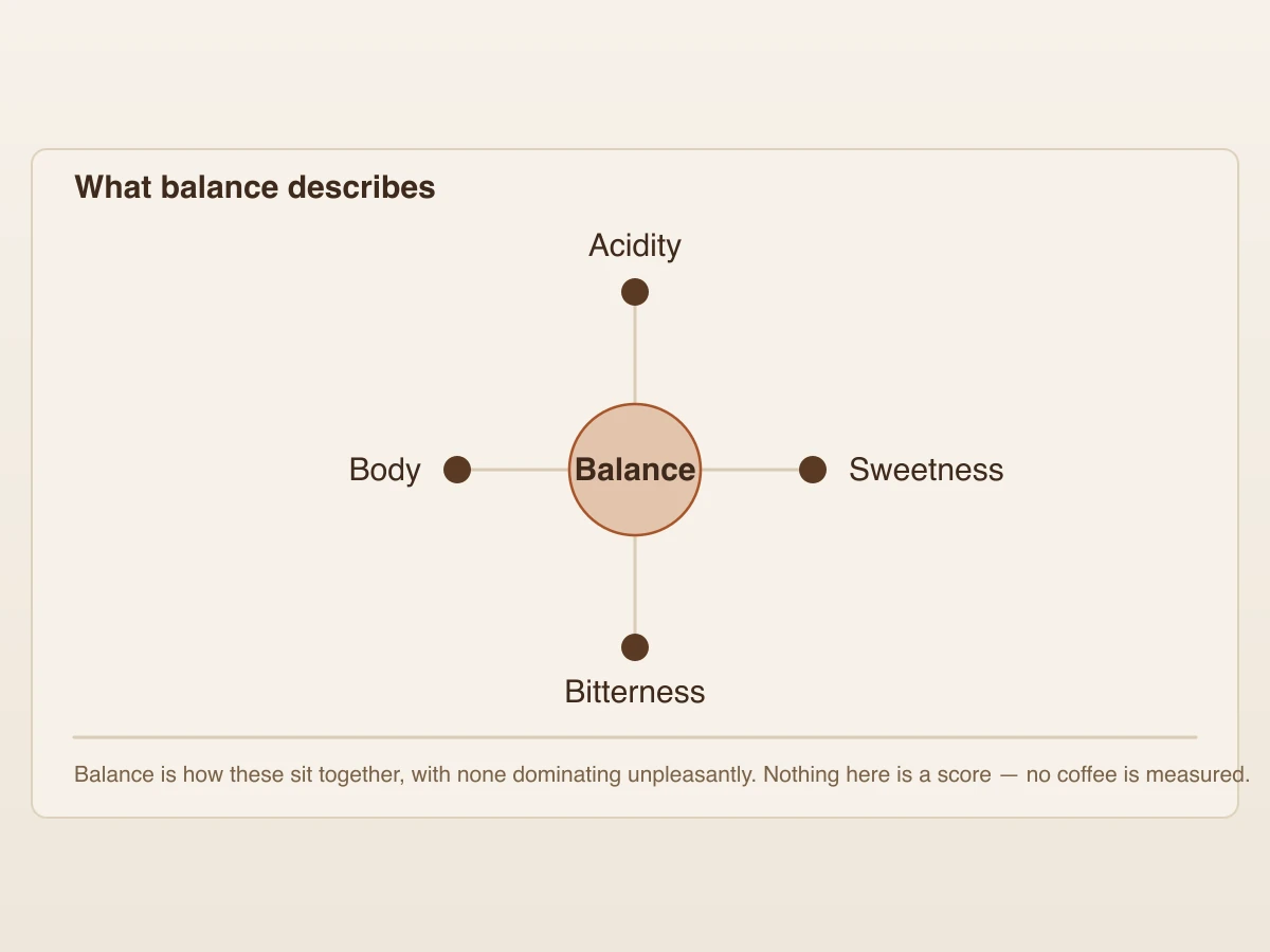 Four labelled points — acidity, sweetness, bitterness and body — joined to a highlighted centre marked balance.
