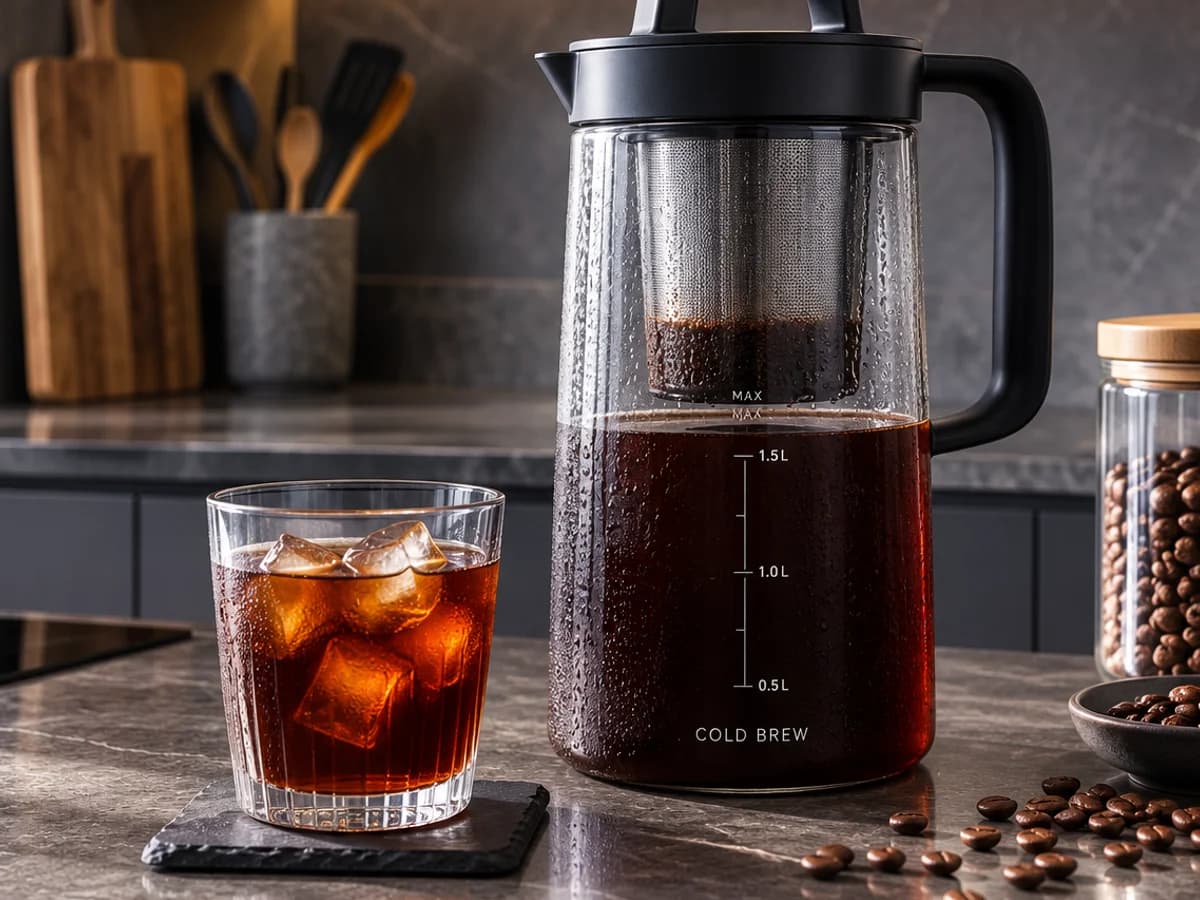 A glass cold brew carafe with a tall mesh filter basket and litre markings, beside a glass of iced coffee.