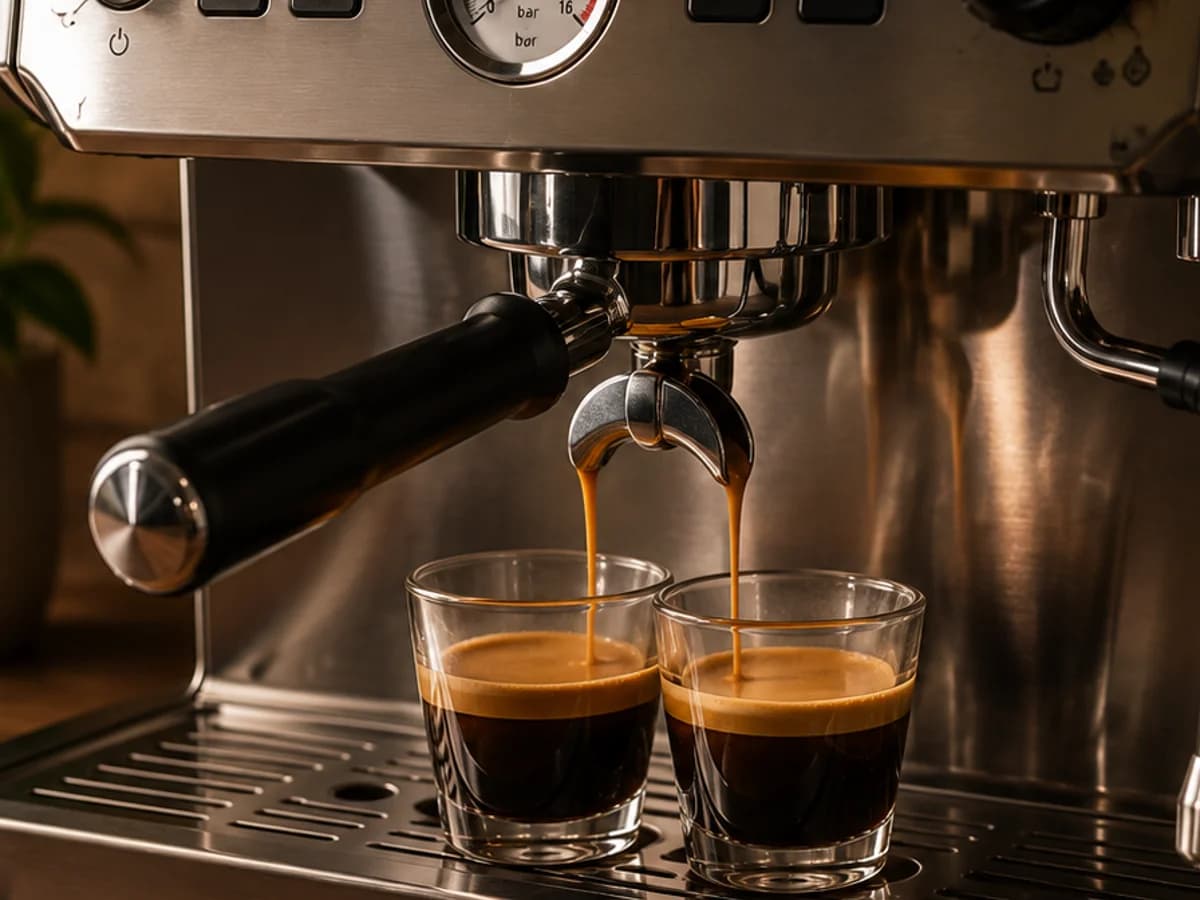 A stainless steel espresso machine with a pressure gauge and black portafilter handle, extracting into two glasses.