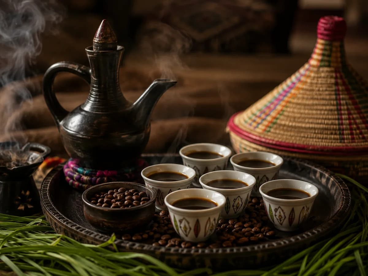 A black clay jebena beside small decorated cups of coffee on a tray, with roasted beans and a woven basket.