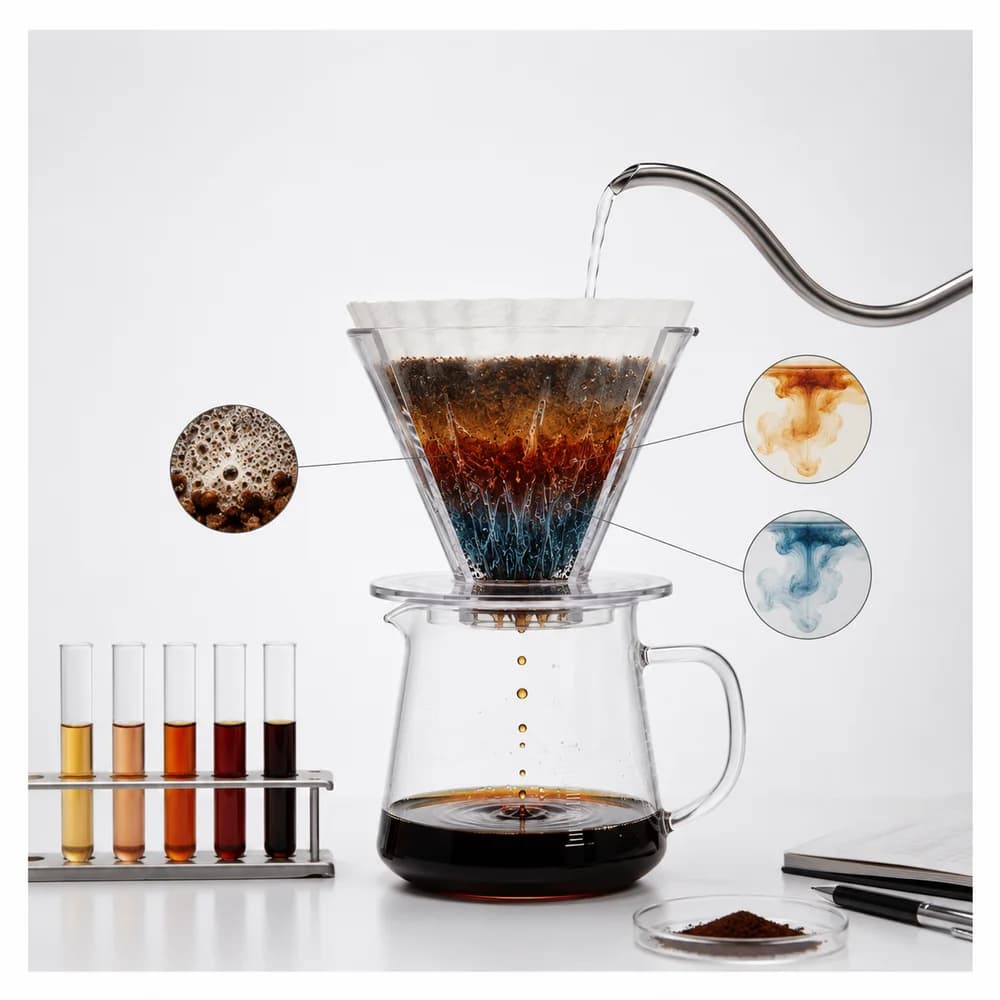 A diagram-style still life of a pour-over cone with coloured layers and magnified insets showing bubbles and dissolving plumes, beside graded test tubes.