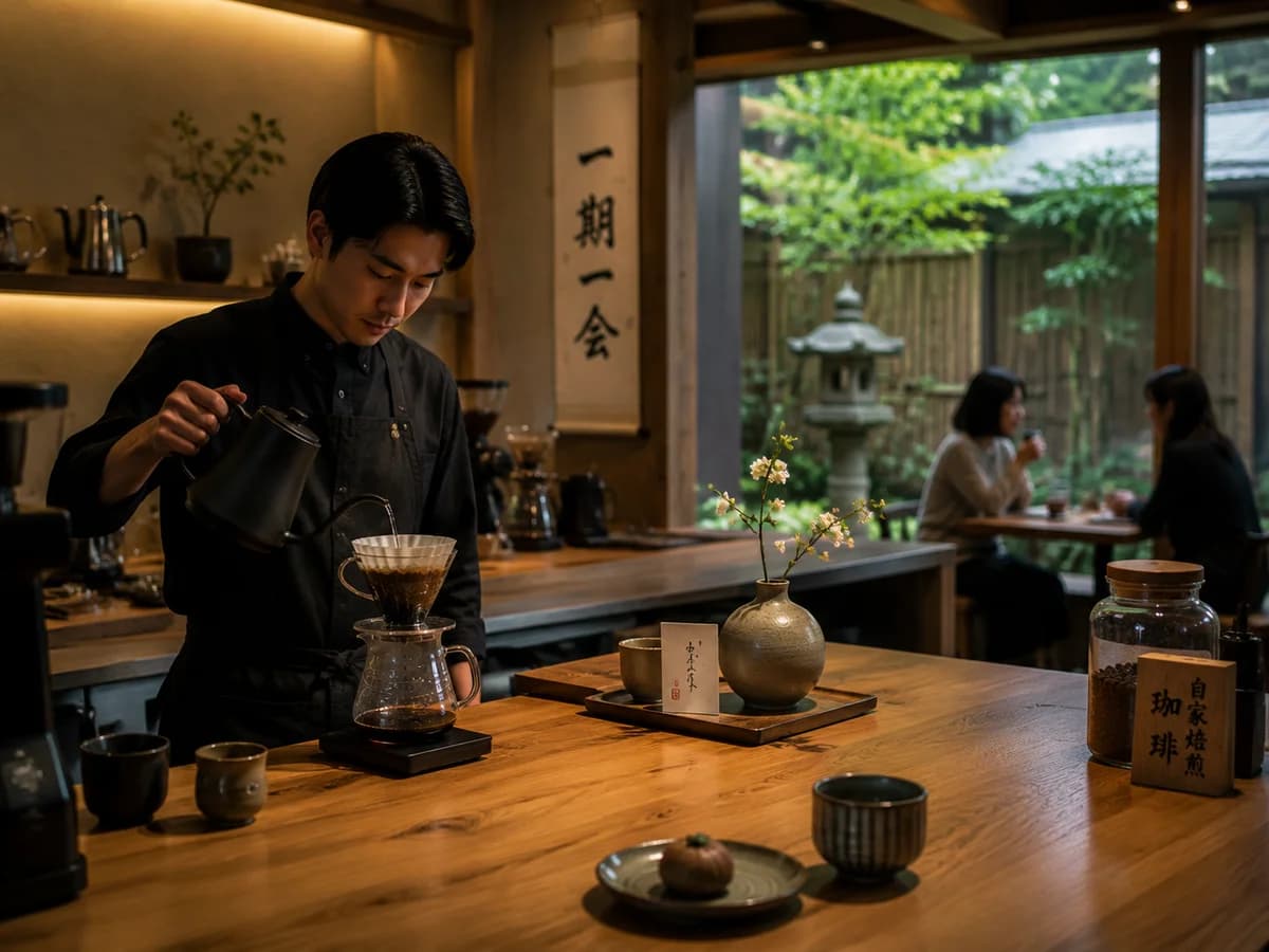 A barista pouring from a gooseneck kettle into a pour-over cone at a wooden counter, a hanging scroll and garden visible behind.