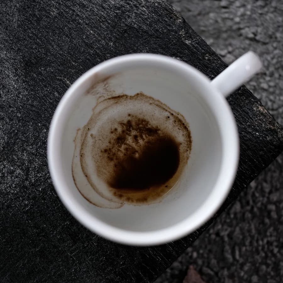 The bottom of a drained white cup showing a ring of dark coffee sediment.