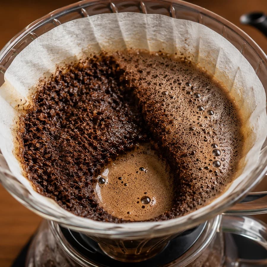 A pour-over filter bed left uneven after brewing, grounds banked up one side and a pool of liquid on the other.